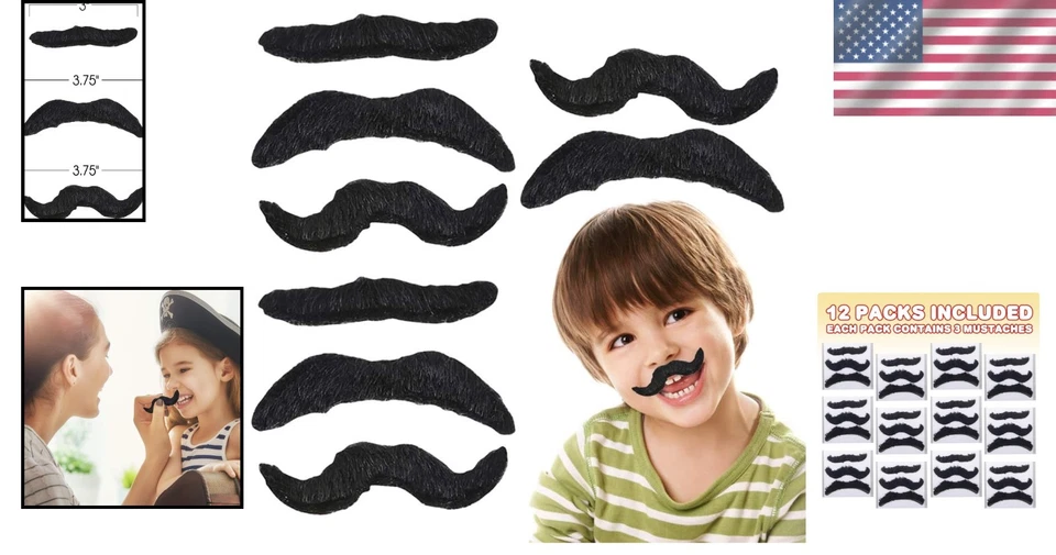 Realistic Fake Mustaches - 36 Count Adhesive Moustaches for Parties & Laughs - Image 2 of 4