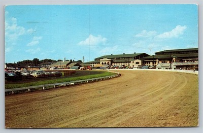Syracuse NY State Fair Racetrack Postcard 1960s Sulky Auto Racing Chrome