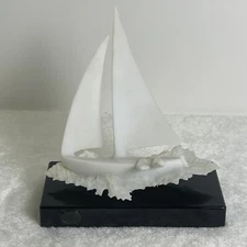 Vintage Nautical Sculpture by John Perry White Sailboat Statue Black Base Figure