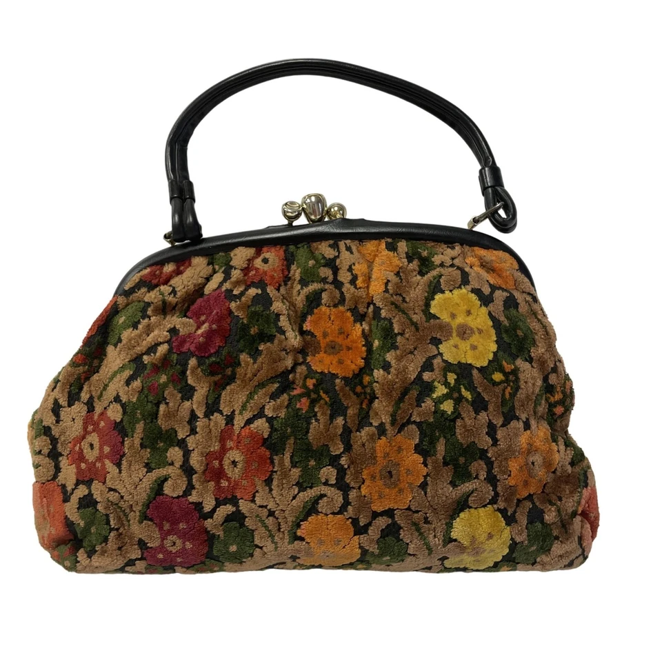 Bolso de Mano FLORAL AÑOS 70 ALFOMBRA TERCIOPELO Cartera FLOR HIPPIE MoD KISS LOCK Cartera Foto 2 de 4