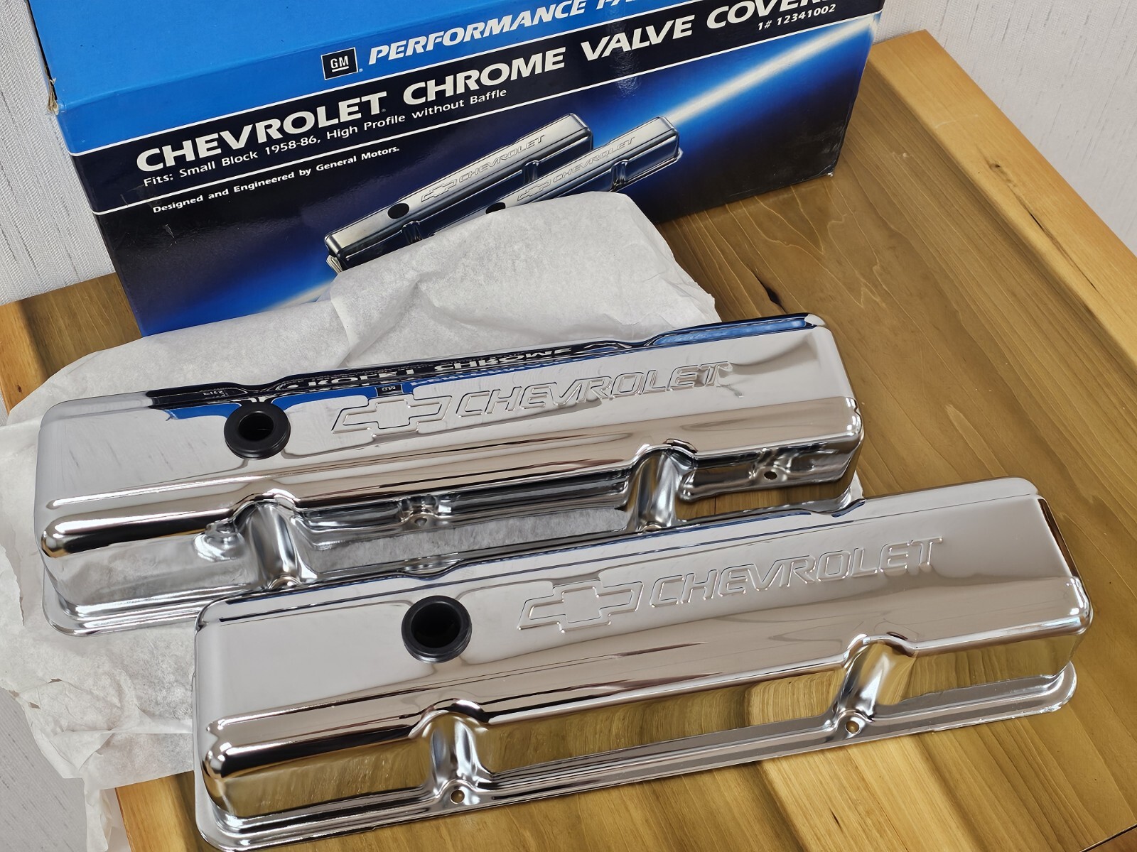 NOS 1958-1986 CHEVROLET SMALL BLOCK TALL CHROME VALVE COVERS GM PERFORMANCE 