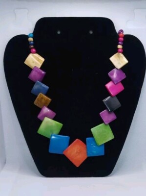 Vtg Painted Multicolor Squares Of Bone & Stone Beads W/ Silver Hook Closure 20'' 