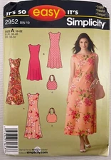 Simplicity 2952 UNCUT Sewing Pattern, Misses' Dress & Bag, Size A (10-22)