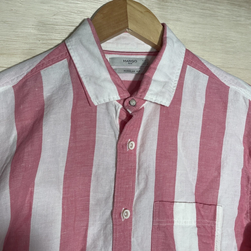 Манго человек рубашка розовый белый в полоску размер M карман обычный крой Snap льняной смеси - Изображение 3 из 4
