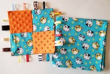 FLANNEL RECEIVING BLANKET and Matching Taggy Ribbon Toy Round Kittens Baby Gift