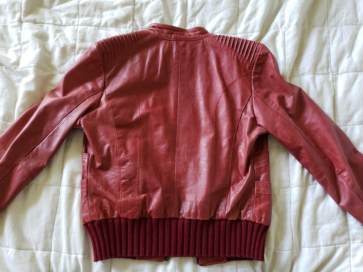 Doma leather bomber jacket knit wool cuff snap collar zip red wine 