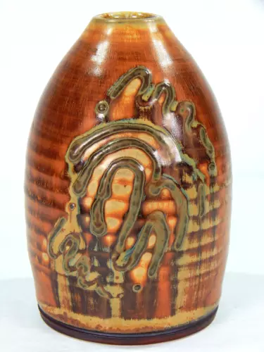 BEAUTIFUL! HAND THROWN ART STUDIO POTTERY BUD VASE DRIP GLAZED RIBBED 5" CERAMIC