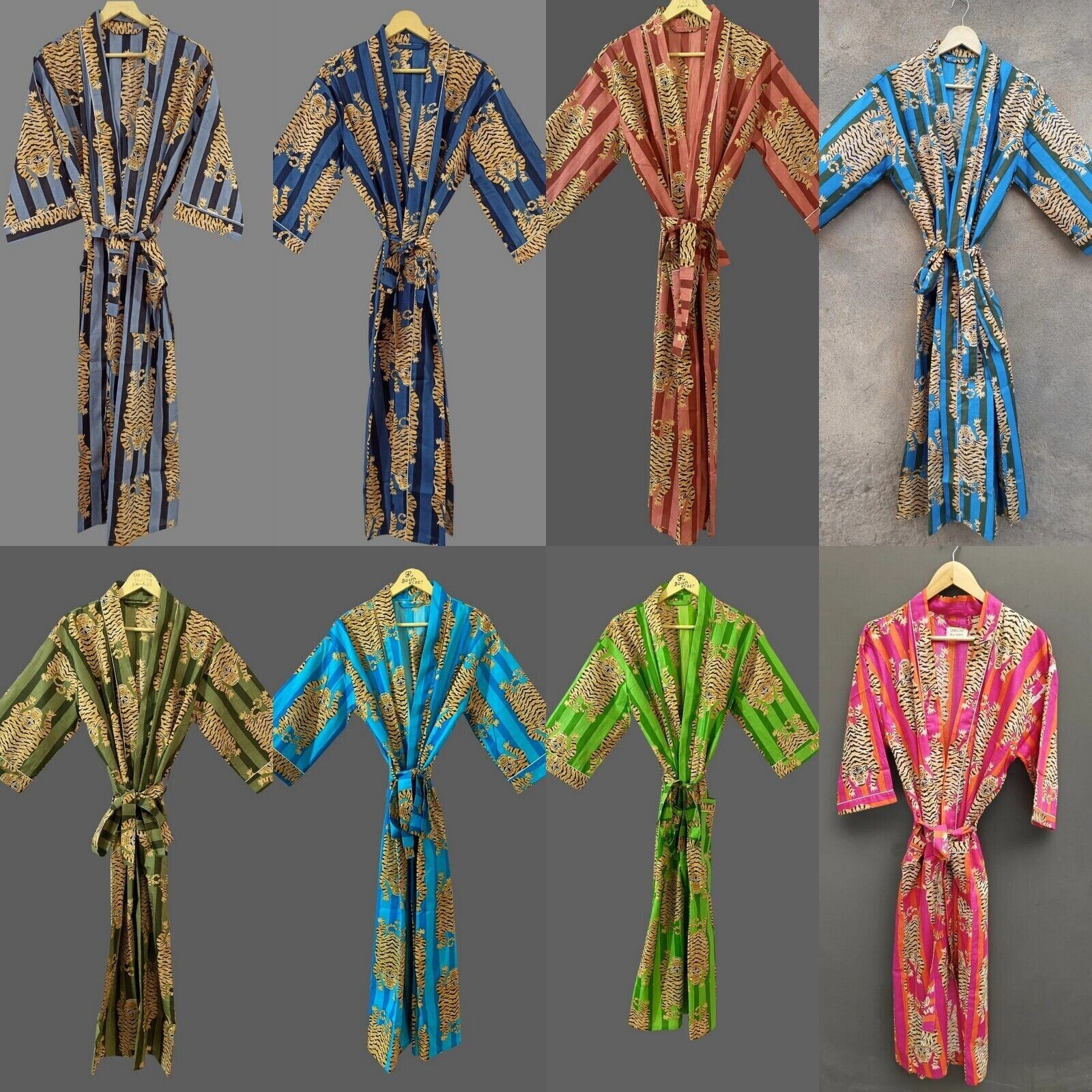 5 piezas Vestido de Noche Kimono Estampado de Tigre Mujeres Kimono Batas de N...