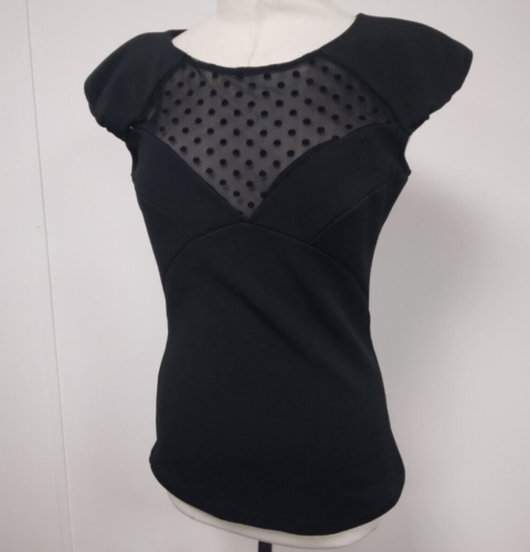 Kardashian Kollection Black Cap Sleeve Top w/Spotted Mesh, UK Size 12, New w/Tag - Picture 1 of 11