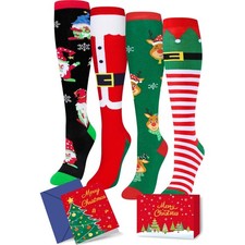 4 Pairs Christmas Socks Kids Knee High Gifts With Xmas Card Boys Girls