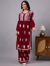 Women's Rayon Chikankari Kurta Palazzo Set Maroon, Hand Embroidered, Ethnic
