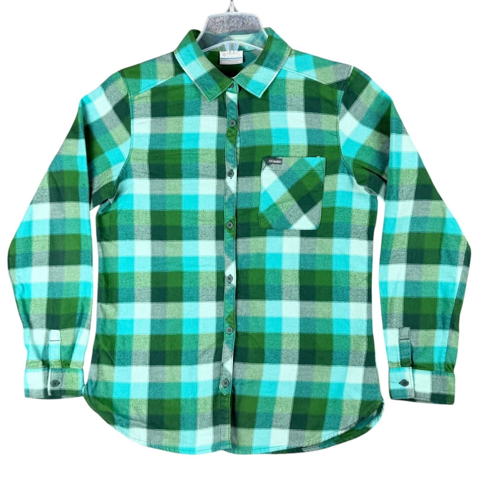 Columbia Mens M Green Teal Plaid Flannel Button Down Cotton Shirt Gorpcore Cozy