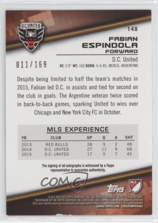 2016 Topps MLS Auto /169 Fabian Espindola #148 Auto - Image 2 of 2
