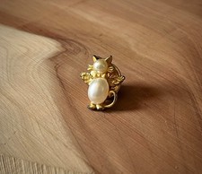 Vintage Faux Pearl Gold Tone Angel Cat Lapel Pin 0.75" | Made In USA