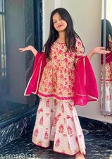Girls Floral Kids Sharara Set Rayon kurti Set Short Sleeves/ Ready To Wear kurti