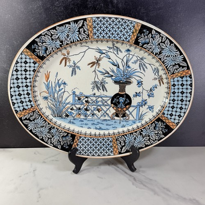 #ad Antique Copeland Spode Transferware KEW Oval Platter 15quot; Aesthetic Movement Blue $80.00