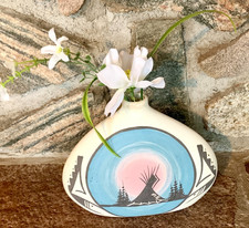 Pottery Vase Signed Pueblo Navajo Mesa Verde Hand Painted Blue Lake Sky Vintage