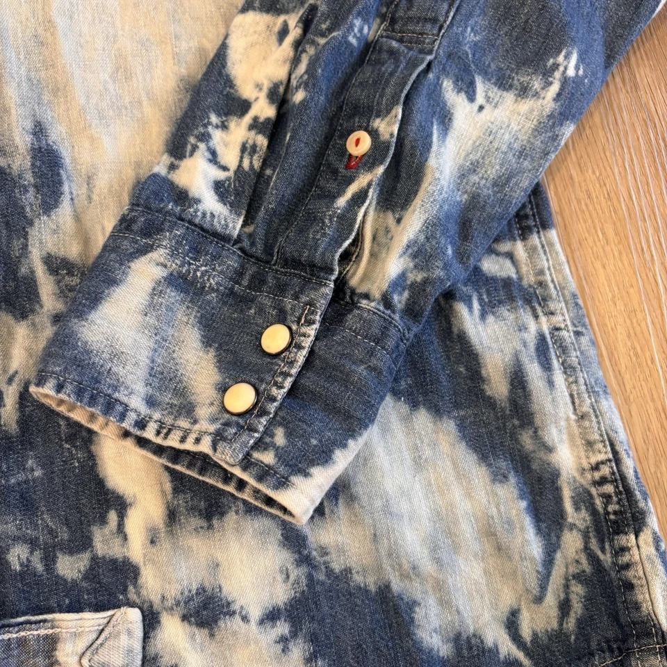 American Eagle Men’s Acid Wash Tie Dye Pearl Snap Western Denim Shirt Size XL - Image 4 of 4