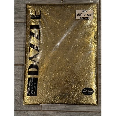 Elrene Dazzle Gold Metallic Vinyl Flannel Backed Tablecloth 60x84 Oblong Floral