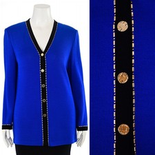 St. John Collection Santana Knit Jacket sz 12 Blue/Black w/ Gold Studded Trim