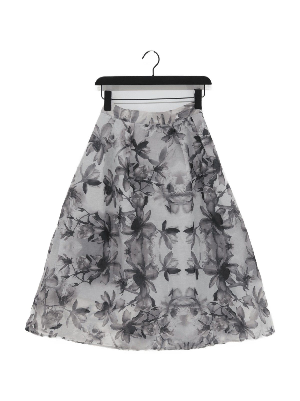 Luxe Grey Floral Polyester Midi A-Line Skirt UK 8-image