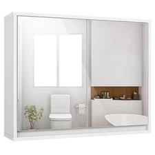 Wall Mounted Bathroom Storage Cabinet Organizer Shelf W/Double Mirror Door White