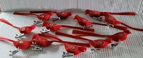12 Red Flocked Bird Clip On Christmas Ornaments Gold Glitter MCM Vintage