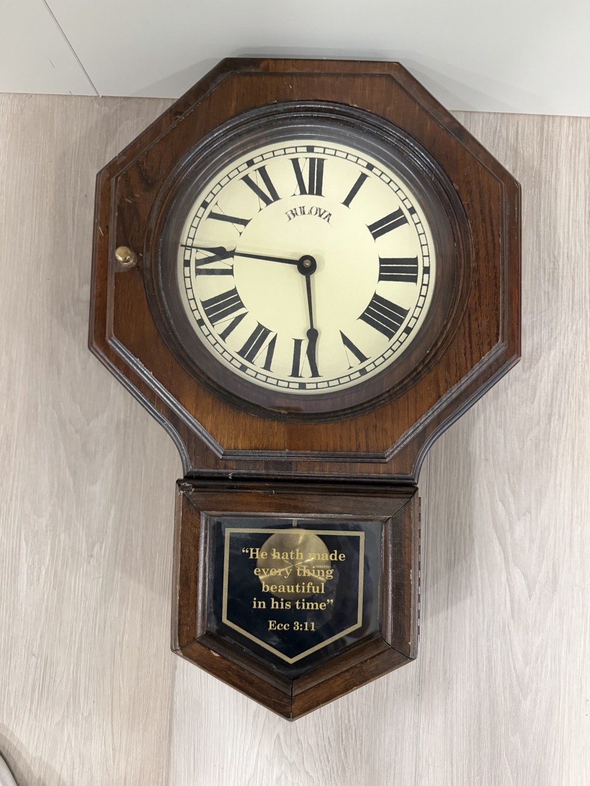 Vintage Wooden Bulova Hanging Wall Clock with Chime and Glass Door