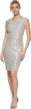 Vince Camuto Womens Cap Sleeve Boat Neck Sequin Sheath Mini Dress, Champagne, 2