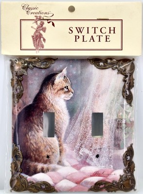 Victorian Cat Double Switchplate,Steel,Decorative Bronze Metal Corners,Screws,5''