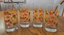 VTG Crisa Libbey Autumn Fall Leaves Glasses Acorns Orange Yellow 1970s Set Of 4