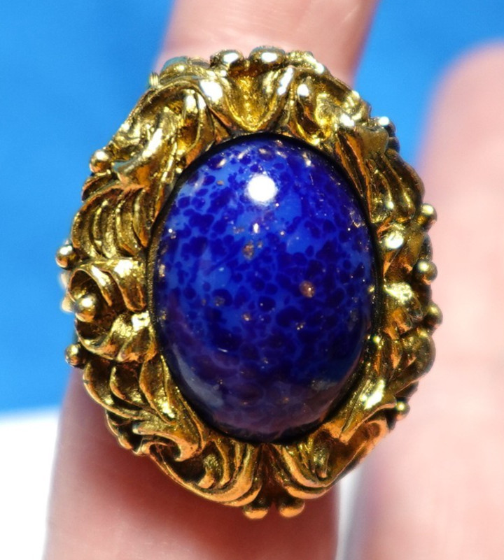 GOLD COBALT GLASS STATEMENT RING SOLID PERFUME RI… - image 3
