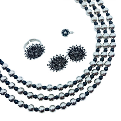 Women's Oxidized Silver Plated 3-Layered Beaded Necklace Set For Women/Girls