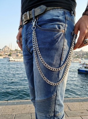 Men Wallet Chains Silver Metal Key Chain Rock Punk Biker 2 Strands Chunky Links