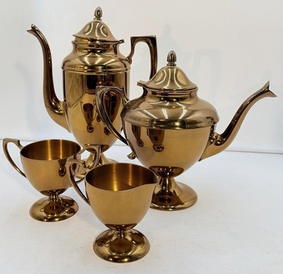 Vintage 1940 Dirilyte Dirigold Brass Coffee Pot Teapot Cream Sugar Set Art Deco