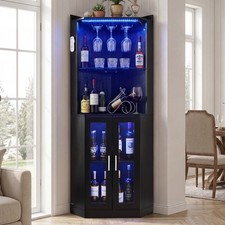 Uimoso Corner Wine Bar Cabinet with Glass Rack and Adjustable Lighting for Home