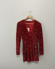 Glam Date Night Red Velvet Sequin Long Sleeve Blazer Wrap Mini Dress