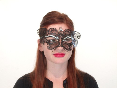 BLACK LASER CUT METAL VENETIAN MASQUERADE MASK SWAROVSKI CRYSTALS - Picture 4 of 5
