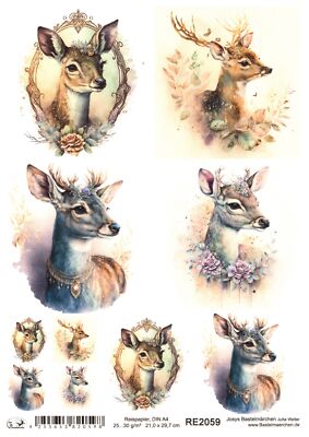 Reispapier A4 Strohseide Decoupage Waldtiere Rehe Hirsch Kitz Blumen RE2059
