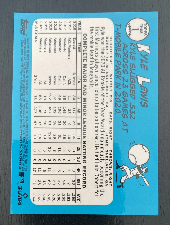 2021 Topps Chrome Series 2 KYLE LEWIS 65 Topps Redux Chrome #TH65-1 Mariners - Image 2 of 2