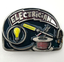 Vintage Electrician Metal Belt Buckle 1980s Tools Light Bulb Cord Green