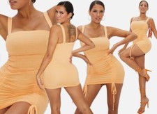 Women Ladies Party PLT Shape Dress Peach Cotton Ruched Front Strappy Bodycon