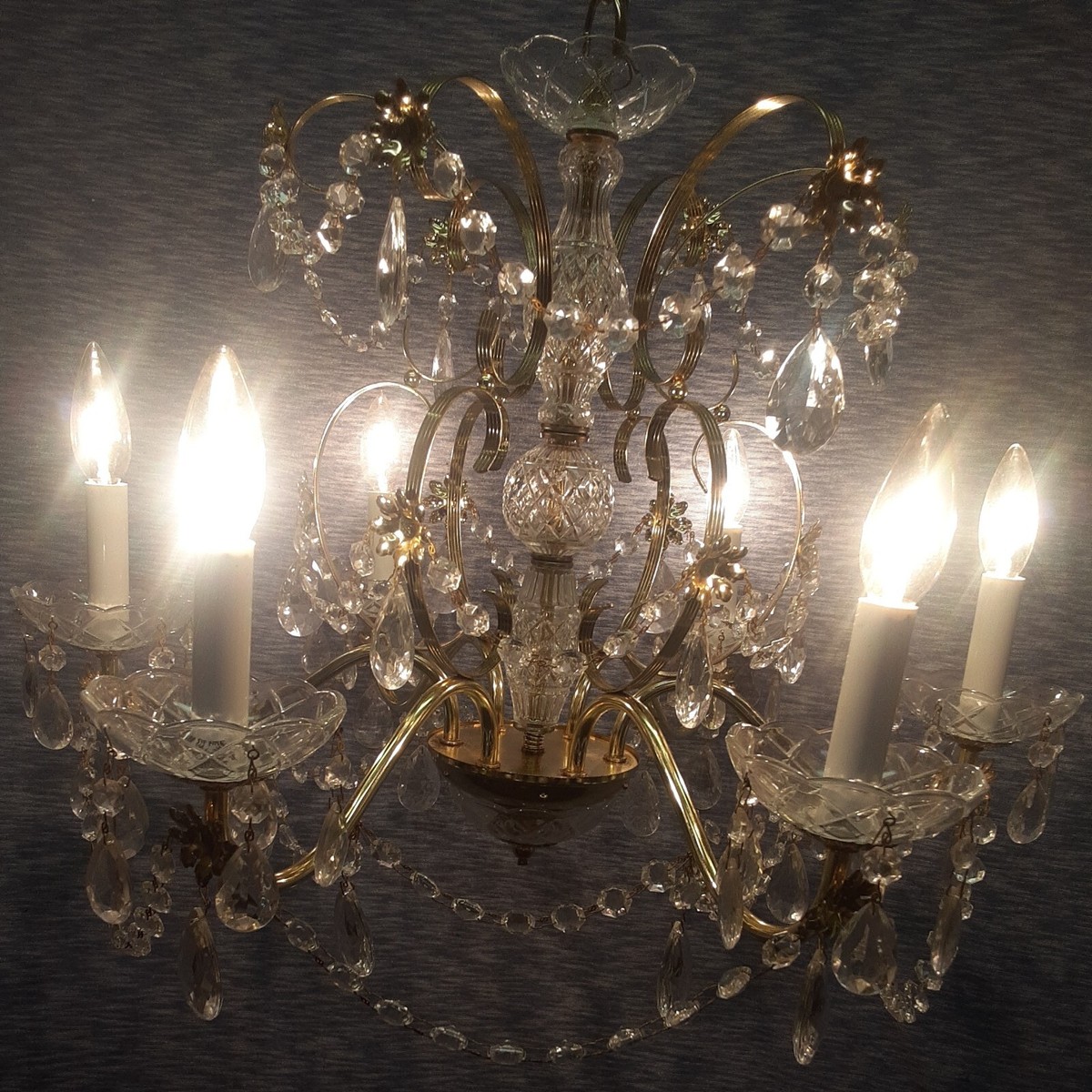 VINTAGE 6 CANDLE SCHONBEK CHANDELIER BRASS FINISH ROSETTES CRYSTAL