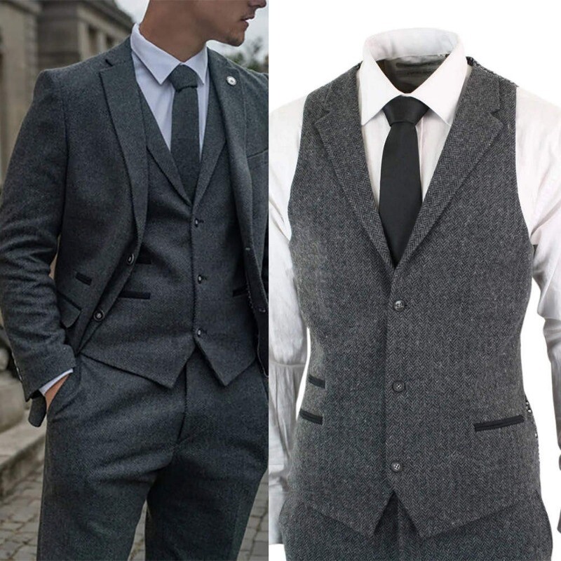 Men's Gray Vintage Style Suit Single Breasted Herringbone Wool