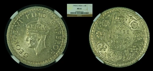 1942(C) 1/4 Rupee NGC MS61 (India - British - Regal)
