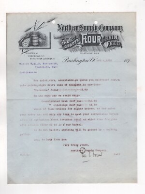#ad 1895 NORTHERN SUPPLY CO LETTERHEAD FLOUR GRAIN FEED BURLINGTON VT FESSENDEN $30.00