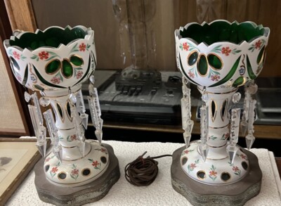Antique Mantle Lustres Lamps Pr Cut to Clear Crystal Prisms Green Antique Mantle Lustres Lamps Pr Cut to Clear Crystal Prisms Green