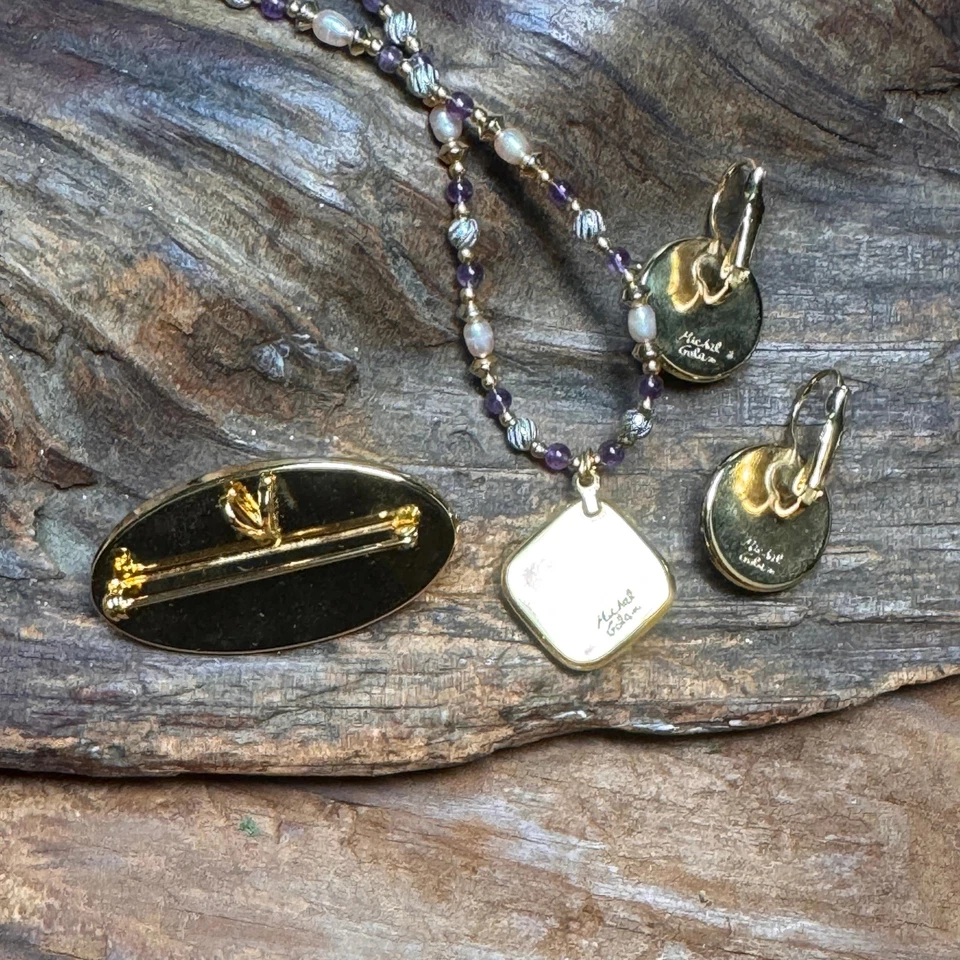 Michal Golan 24K золото покрытием аметист жемчуг ожерелье, серьги и булавки комплект - Изображение 3 из 4