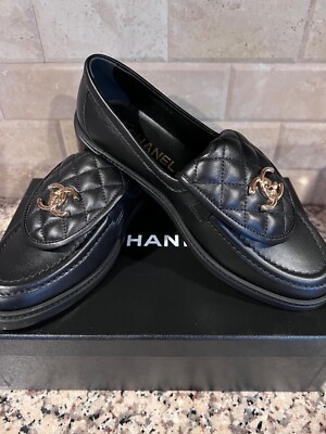 CHANEL 23A-2024 NEW TAGS CLASSIC BLACK LAMBSKIN LOAFERS GOLD CC