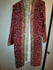 Mens Asian Indian Pakistani Groom Wedding Sherwani outfit Red Gold Medium Set